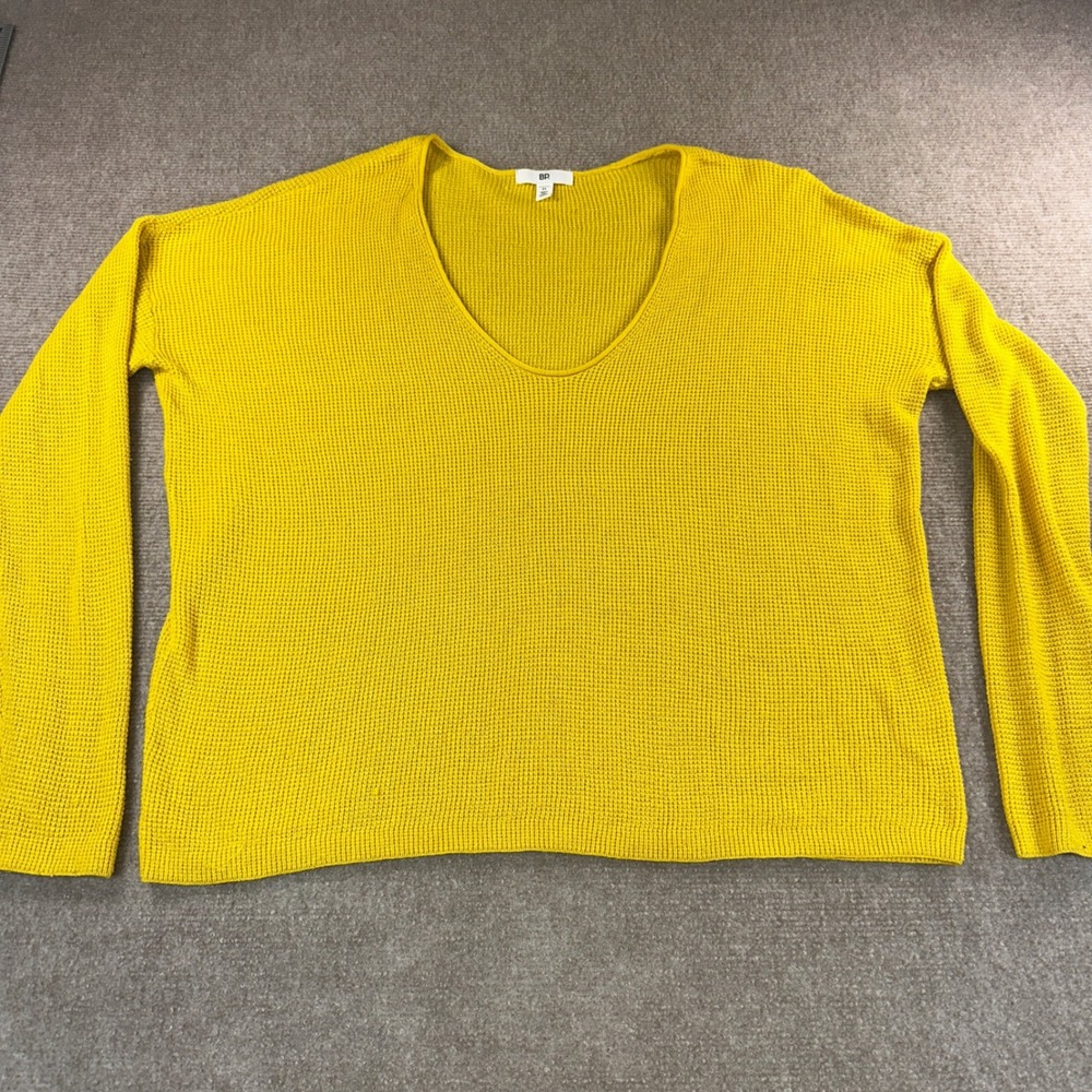 BP Nordstrom Mustard Yellow Waffle Knit V-Neck Pullover Sweater Womens Medium